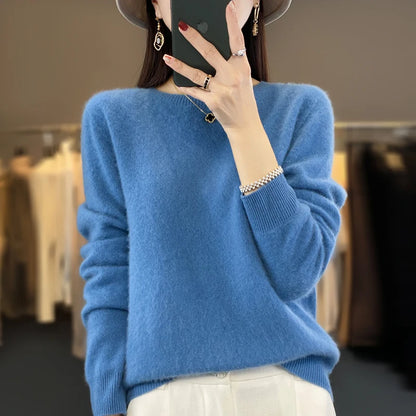 100% Merino Wool Sweater Women O-neck Cashmere Knitwear Female Pullover Autumn Winter Casual Tops Solid Color Soft  Clothing.