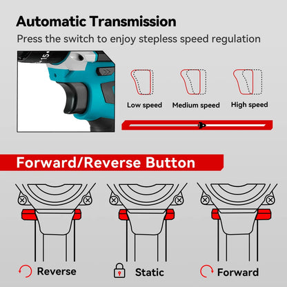 ONEVAN Elektrischer Schlagbohrschrauber, 25 + 3 Drehmoment, multifunktional, 2 Gänge, Akku-Bohrhammer, Elektrowerkzeug für Makita 18 V Akku-Stift