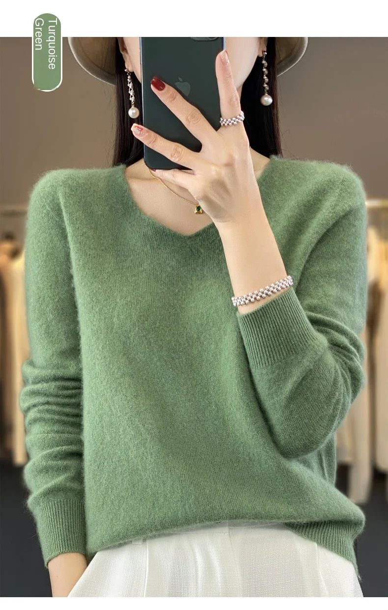 2024 100% Merino Reine Wolle V-ausschnitt Herbst Und Winter Pullover Pullover Neue Kaschmir Pullover frauen Beiläufige Gestrickte Top DMR201.