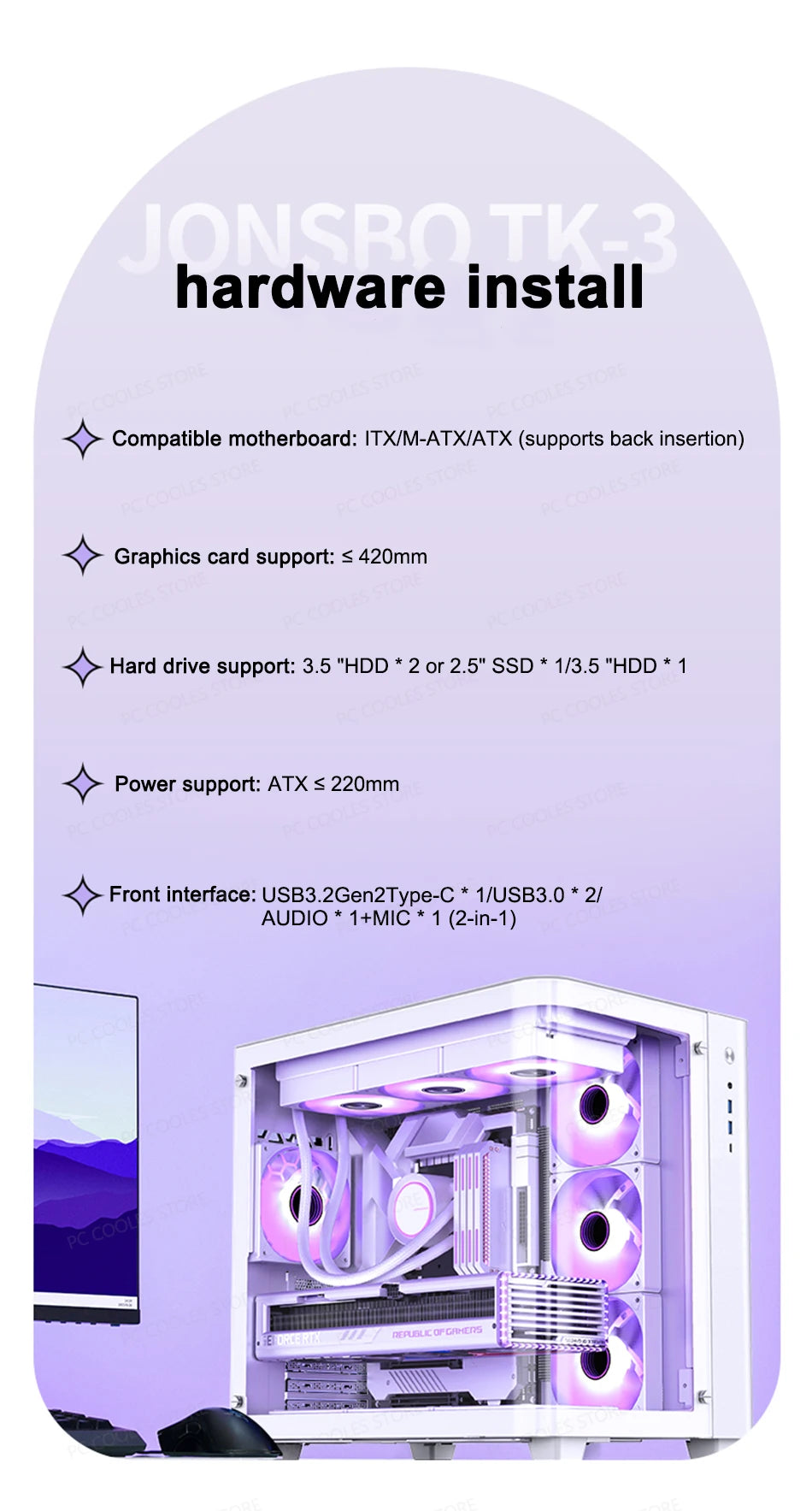 JONSBO TK-3 Desktop Chassis Curved Sea View Room Side Transparent ATX E-sports Case Double 360 Water Cooler Type-c Interface.