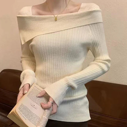 Solide Sexy Schlank Off Schulter Slash Neck Langarm Stricken Pullover Frauen Jumper Büro Mode Neue.