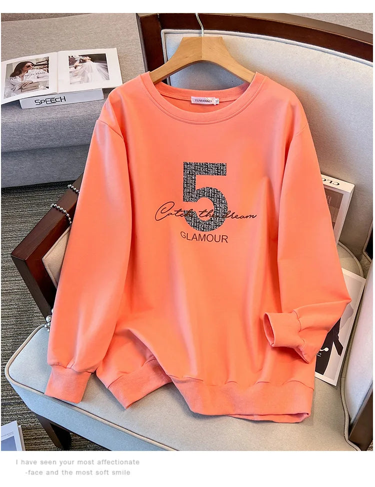 175kg plus size Damen büste Frühling Herbst loser Rundhals ausschnitt bedrucktes Langarm-Sweatshirt schwarz orange 5xl 6xl 7xl 8xl 9xl.