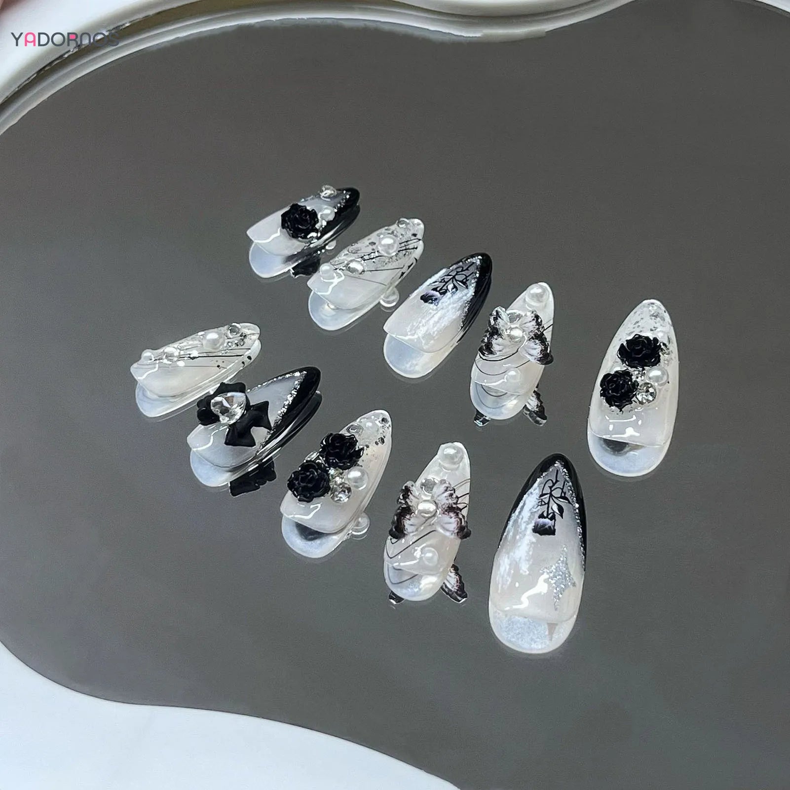 White Ballet Fake Nail Handmade Black French Style Press on Nails Rose Flower Butterfly Bowknot Design Wearable False Nails Tips.