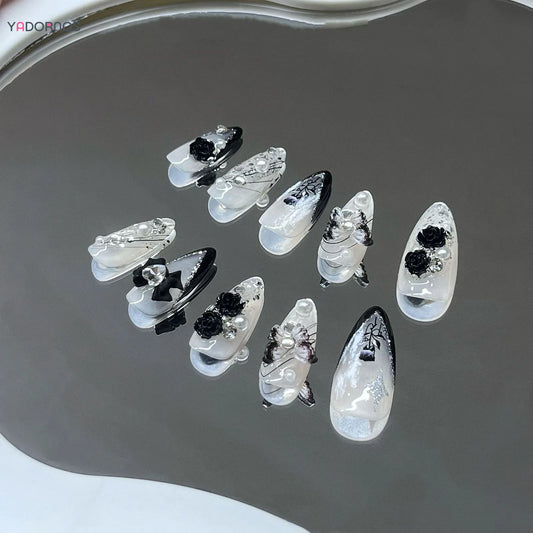 White Ballet Fake Nail Handmade Black French Style Press on Nails Rose Flower Butterfly Bowknot Design Wearable False Nails Tips.