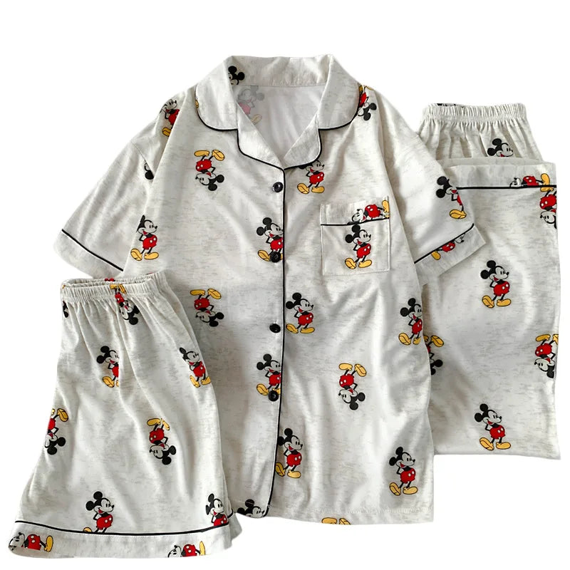 3Pcs Mickey Mouse Pajama Set Women's Summer Short-Sleeved Cute Sleepwear Autumn Student Home Clothes Three-Piece Set Nightgown.