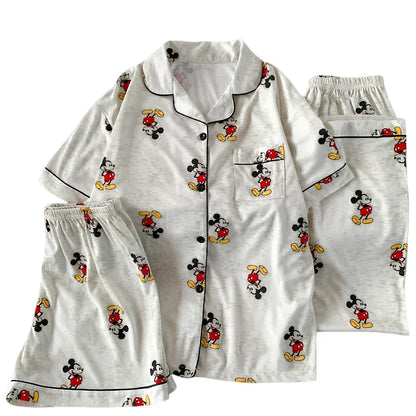 3Pcs Mickey Mouse Pajama Set Women's Summer Short-Sleeved Cute Sleepwear Autumn Student Home Clothes Three-Piece Set Nightgown.