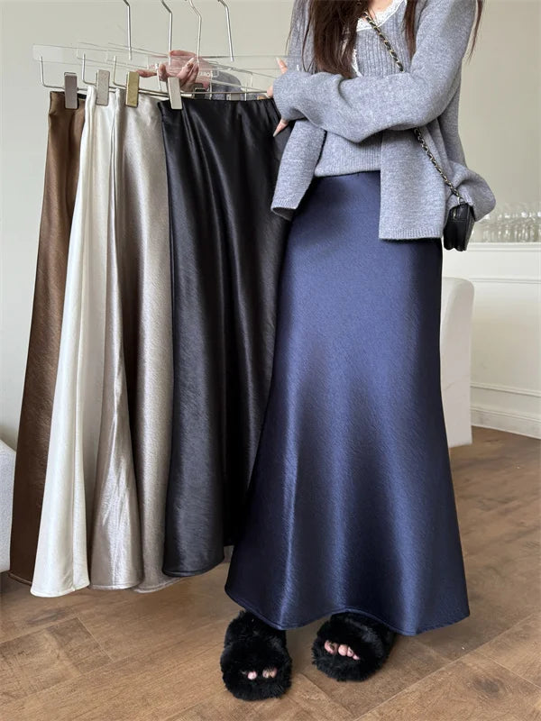 High Waist Women's Fleece-Lined Thickened Elegant Long Skirt Satin Mermaid Skirt Elegant Drapey Bodycon Skirt For Autumn Winter.