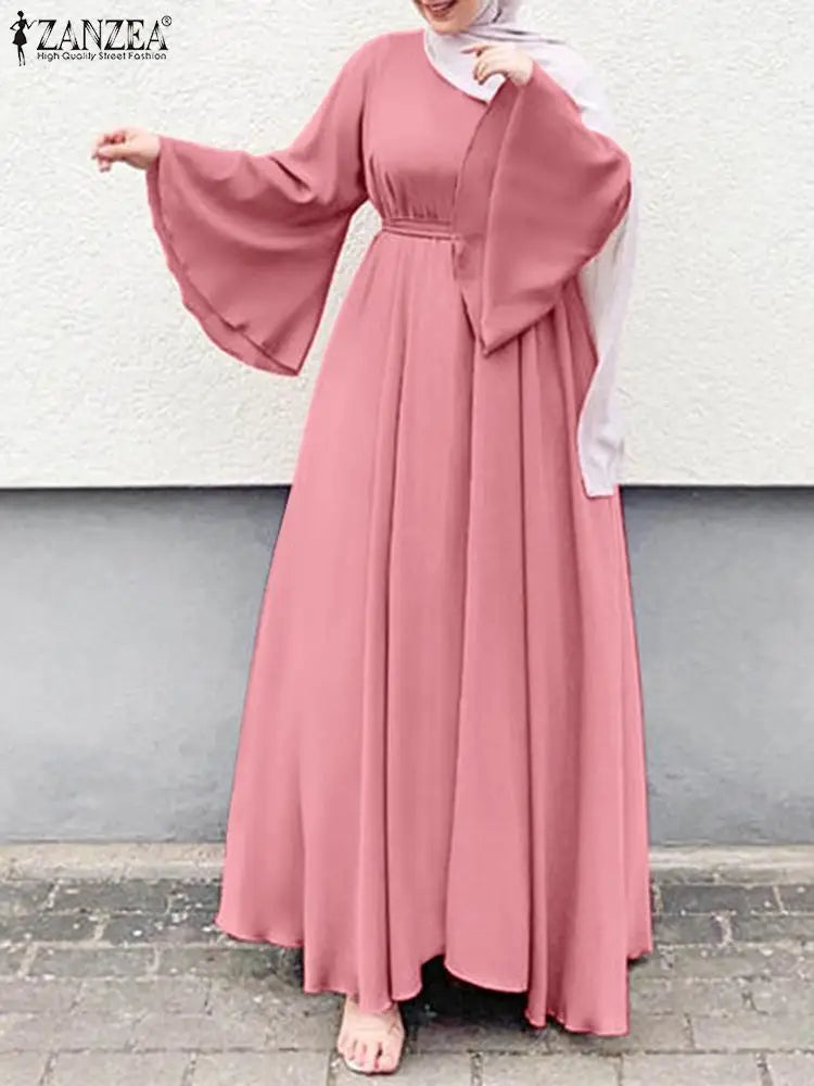 Frauen Lerisure Muslimischen Lange Kleid Übergroßen Vestidos ZANZEA 2023 Sommer Frühling Flare Ärmeln Soild Weibliche Türkische Robe Abaya