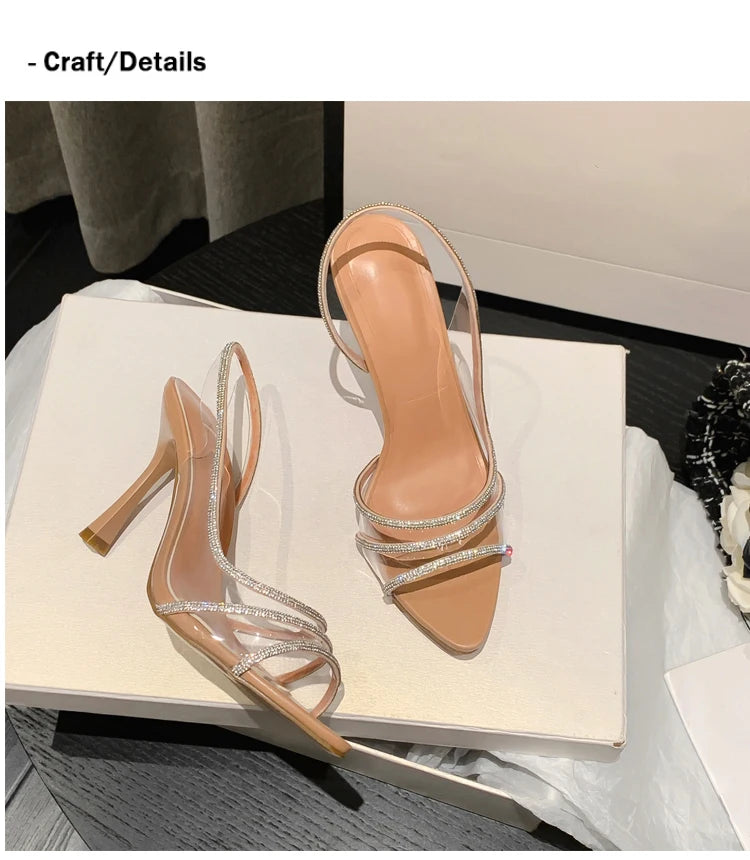 Women Summer Rhinestone Slingback Pumps Office Lady Transparent Heeled Sandals Elegant Pointed Toe Female Sexy High Heels.