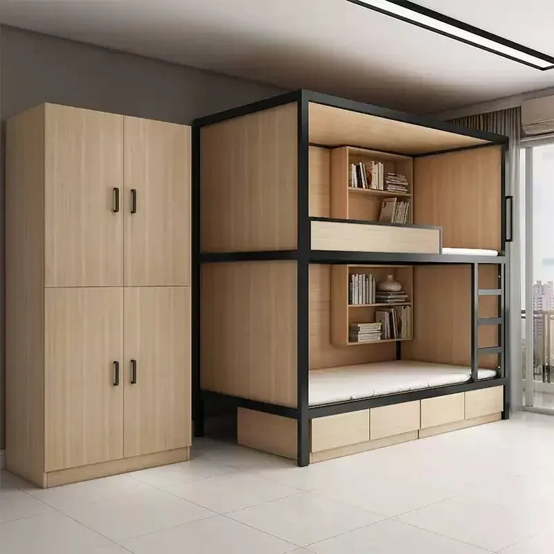 Obere und untere Etagenbetten, Schulwohnheim, Apartmentbett, Jugend, Hostel, Raumkapsel, All-Inclusive-Bett, Stahl, Holz, kombiniert, Mutter