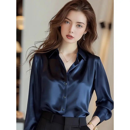 Elegant Silk Office Shirts Women Korean Fashion Y2k Clothes Slim Long Sleeve White Black Blusas Mujer Workwear Tops and Blouses