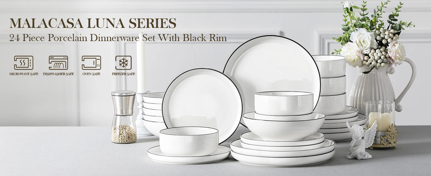MALACASA 24/48Piece Ceramic Plates Black Rim Porcelain Dinnerware Set  6/12 Pcs Dinner/Soup/Dessert Plates/Bowl Service for 6/12.