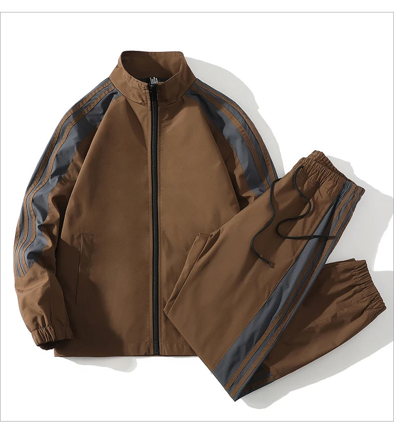 Sports suit men's  spring and autumn striped stand up collar jacket and pants paired with running and fitness two-piece set.