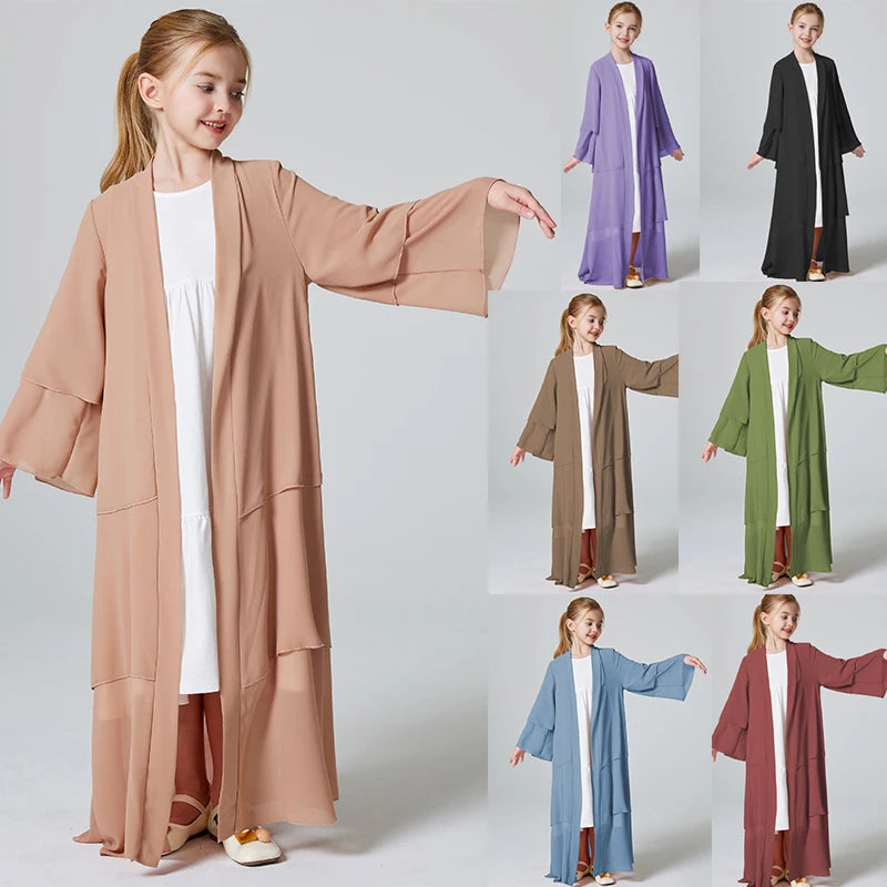 Ramadan Kebaya Muslim Girls Abaya 3 Layered Chiffon Kids Abaya Dress Open Front   Outerwear (Without Hijab).