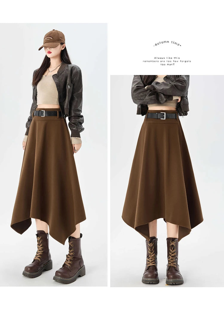 High Quality Irregular Woolen Skirt Women 2025 Autumn Winter New High Waist Slimming Midi Skirt Elegant A-line Faldas with Belt.