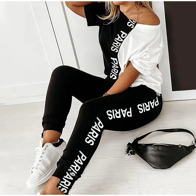 2023 Women's Spring Summer Sportswear Two-piece Set With Patchwork Letters Short Sleeved Long Pants Casual Women's Two-piece Set.