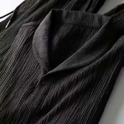 Summer Lightweight Pleated Cotton Casual Sports Set Men's Thin Comfortable Breathable Fashionable Collar Short Sleeve Two-Piece.