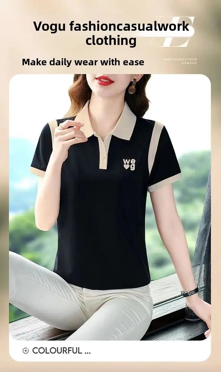 Fashionable Short Sleeve Polo Shirt Women's Summer Sporty Hong Kong Style Top High End Mixed Fabric Slim Fit T-Shirt.