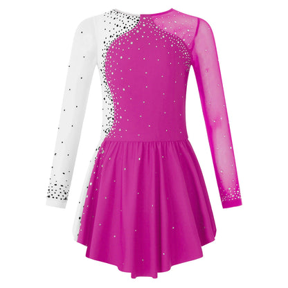 6-16Y Mädchen Eiskunstlauf Tanz Kleid Ballett Gymnastik Trikot Langarm Shiny Strass Sheer Mesh Leistung Dancewear