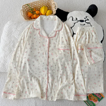 Sweet Little Floral Pajamas Women's Spring and Autumn Long Sleeves New High-Value Niche Pajamas Loungewear Wrinkle Cloth Set.