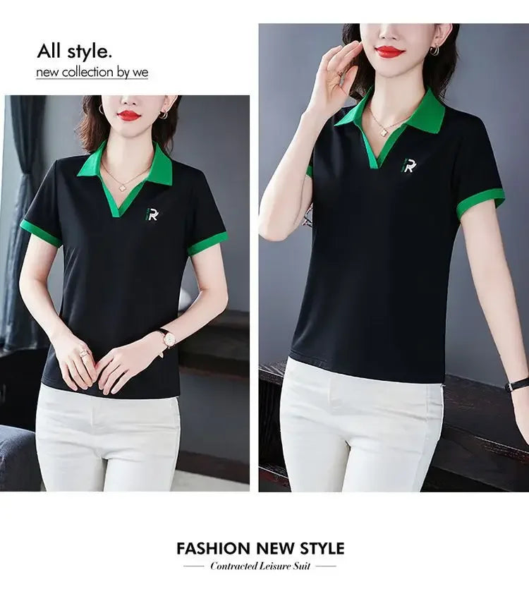 Women's Slim Fit Polo Shirt Short Sleeve T-Shirt Casual Sporty Loose Fashionable Summer Top Turn-down Collar Comfortable