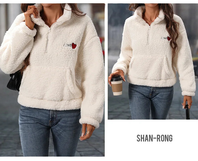 Fairyshely 2025 Autumn Winter White Women's Hoodies Long Sleeve Zipper Hood Sweatshirt Casual Lady Loose Plush Hoodie Tops.