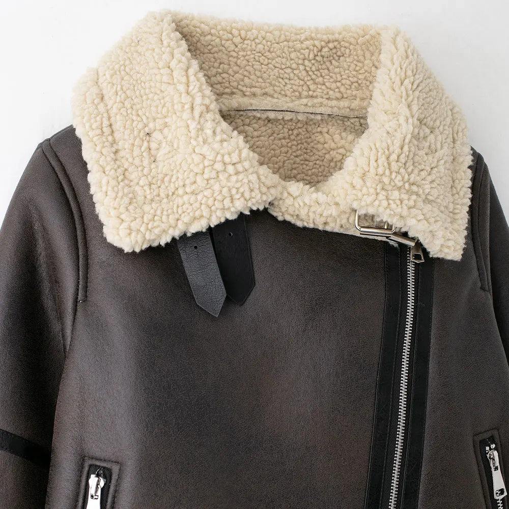 TRZA-Damen-Jacke aus dickem, warmem Wildleder mit Gürtel, langärmlige Mäntel, Kunstscheren, weibliche Oberbekleidung, schicke Oberteile, Wintermode.