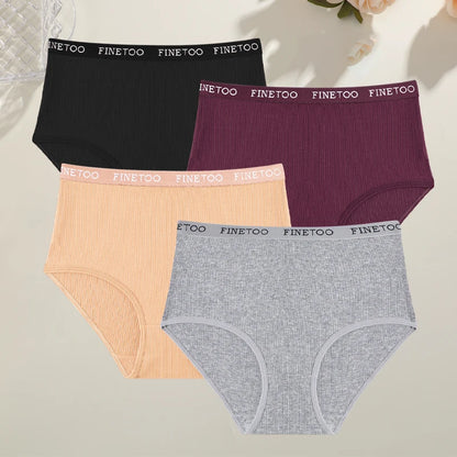 4Pcs/Set Women's Ribbed Striped Cotton Briefs Plus Size Panties Lady High Waist Breathable Underwear Solid Lingerie Shorts S-XXL