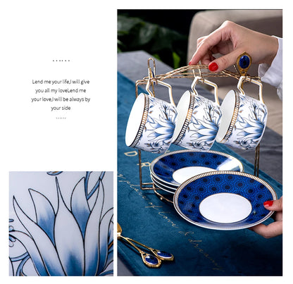 Elegant Cup and Saucer Set Bone China Sugar Jar Milk Jug Coffee Pot Set Cyan Magnolia Home English Mug Teaset Dessert Plate