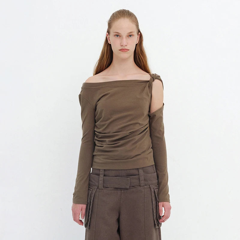CUTENOVA Fall Outfits Women Solid Color One-Shoulder Long-Sleeved Women'S Top Sexy Hollow Out Twisted Casual Chic T-Shirt Female.