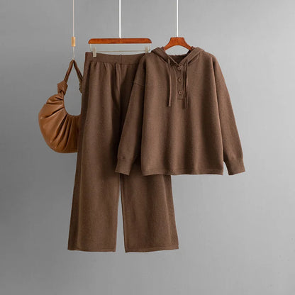 Autumn Winter 2025 New Fashion Women's Solid Color Casual Trendy Loose Knitted 2 Piece Sets Hooded Sweatshirts Wide Leg Trousers