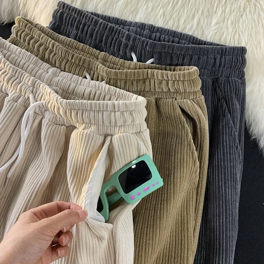 Corduroy Pants Men's Loose-fit Straight-leg Casual Pants Vintage Wide-leg Nine-point Sweatpants For Couples Spring Autumn.