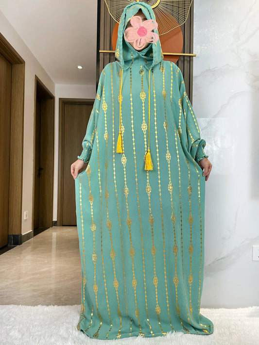 New Cotton Ramadan Muslim Two-Hat Abaya Dubai Turkey Islam Prayer Clothes Gold Dust   Dress Islam Women Dress Kaftan.
