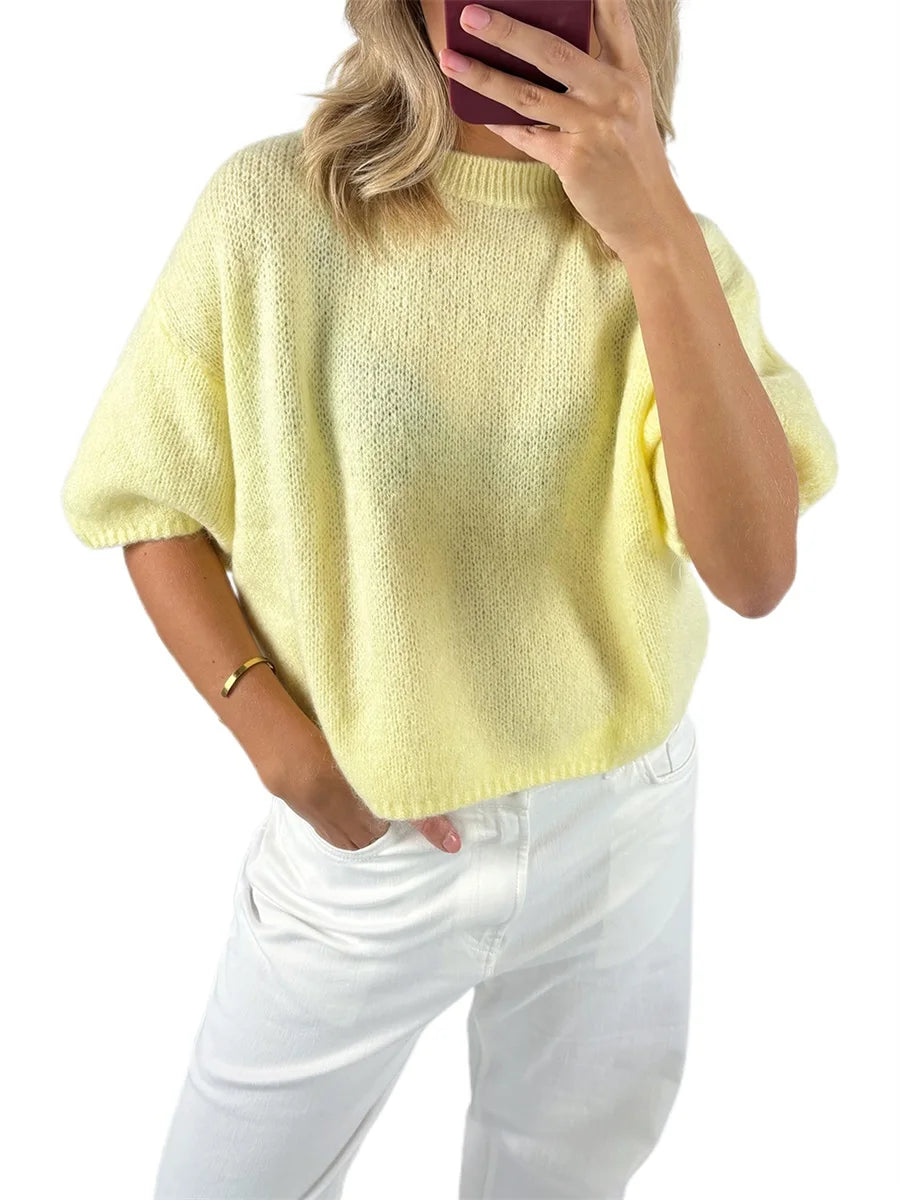 Damen Frühling Herbst Strickpullover Halbarm O Hals Einfarbig Lässige Strickwaren.
