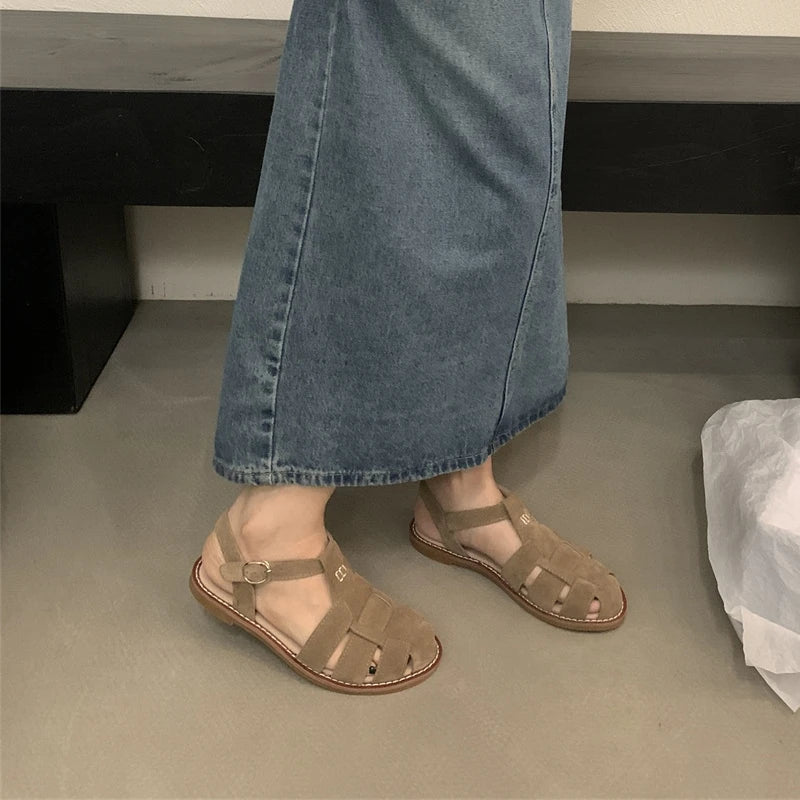 DIMANYU Women's Roman Sandals 2023 Summer New Flat Retro Real Leather Ladies Sandals Hollowed Women's Cage Shoes.