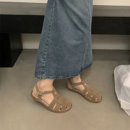 DIMANYU Women's Roman Sandals 2023 Summer New Flat Retro Real Leather Ladies Sandals Hollowed Women's Cage Shoes.