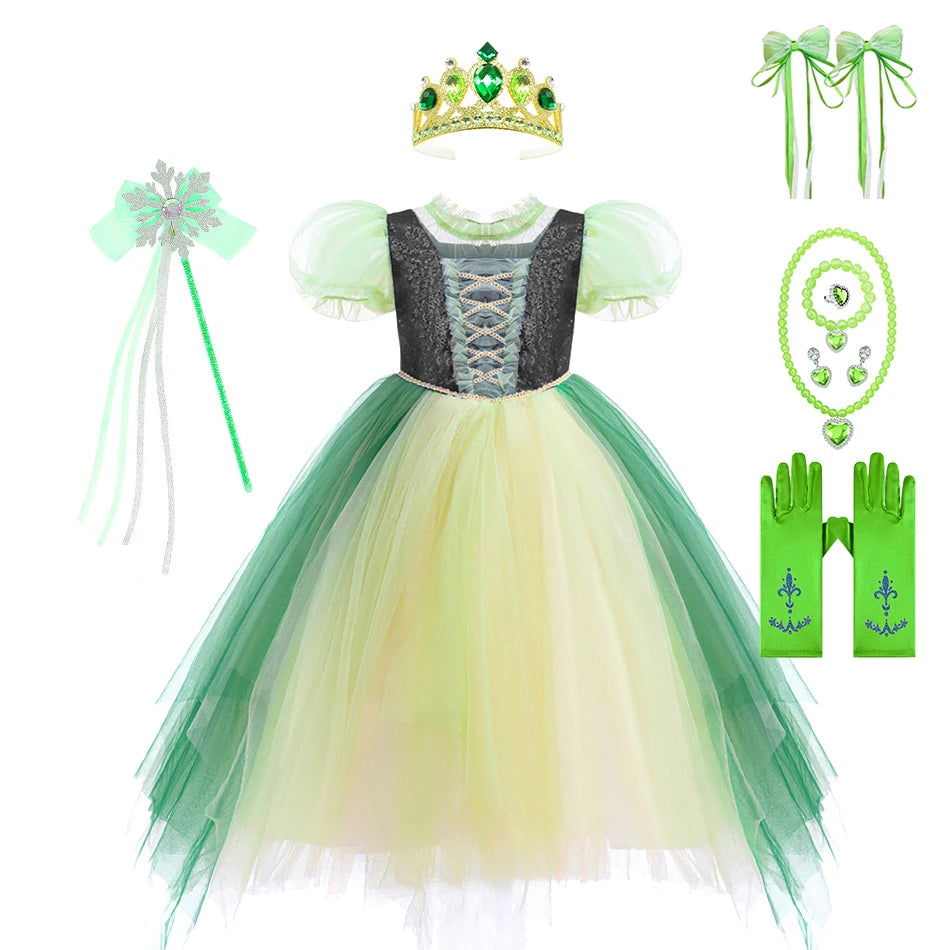 Anna Grünes Kleid Mädchen Spitze Tüll Elegantes Kleid Kinder Bühnenshow Prinzessin Kostüm Kinder Purim Cosplay Kleidung