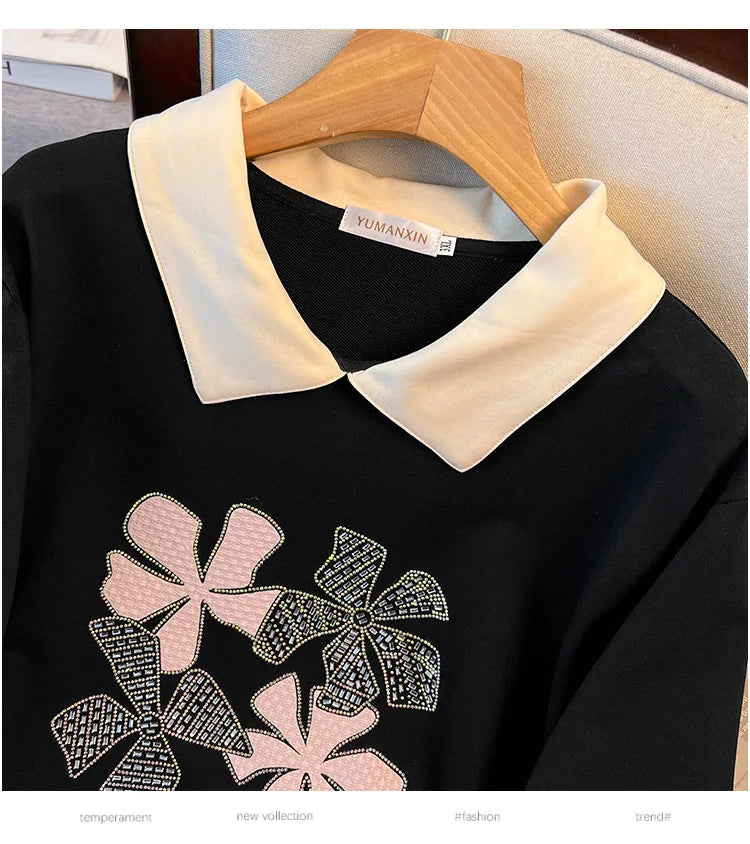 170 kg Plus Size Damen-Büste 170 Frühling Herbst Loose Diamond Collared Sweatshirt Schwarz 4XL 5XL 6XL 7XL 8XL 9XL.