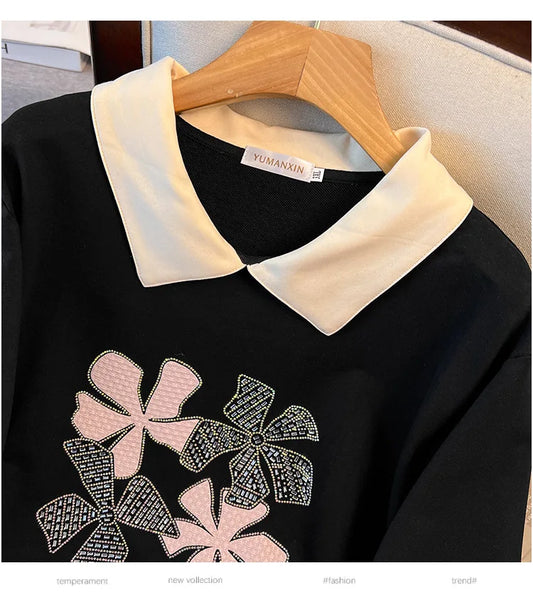 170 kg Plus Size Damen-Büste 170 Frühling Herbst Loose Diamond Collared Sweatshirt Schwarz 4XL 5XL 6XL 7XL 8XL 9XL.