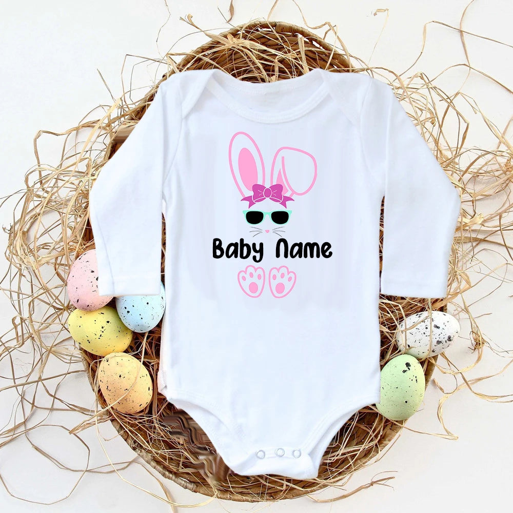 Personalisierter Ostern-Baby-Body mit individuellem Namen, Säuglings-Outfits, Kleidung, Junge, Mädchen, Urlaub, Party, Overall, niedlicher Hase, Neugeborenen-Strampler.