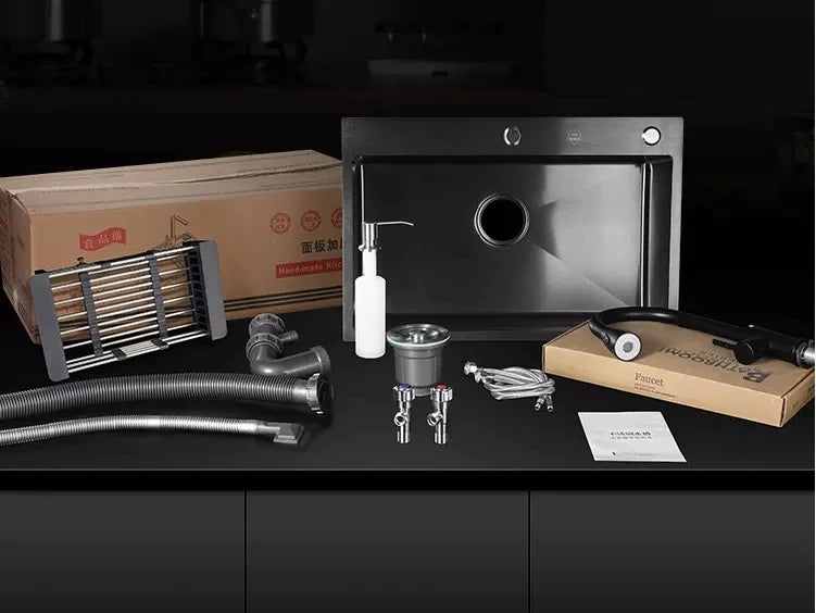 Schwarzes Nano-Waschbecken, einzelnes Waschbecken, kreative Küchenspülen aus Edelstahl, Abflussset für Zuhause, handgefertigtes Waschbecken, Küchenzubehör