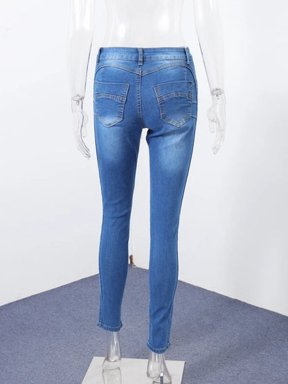 Street Slim Women's Blue Pencil Denim Pants Women Zipper Pockets Lady Jeans 2025 Autumn Lady Casual Street Trouser.