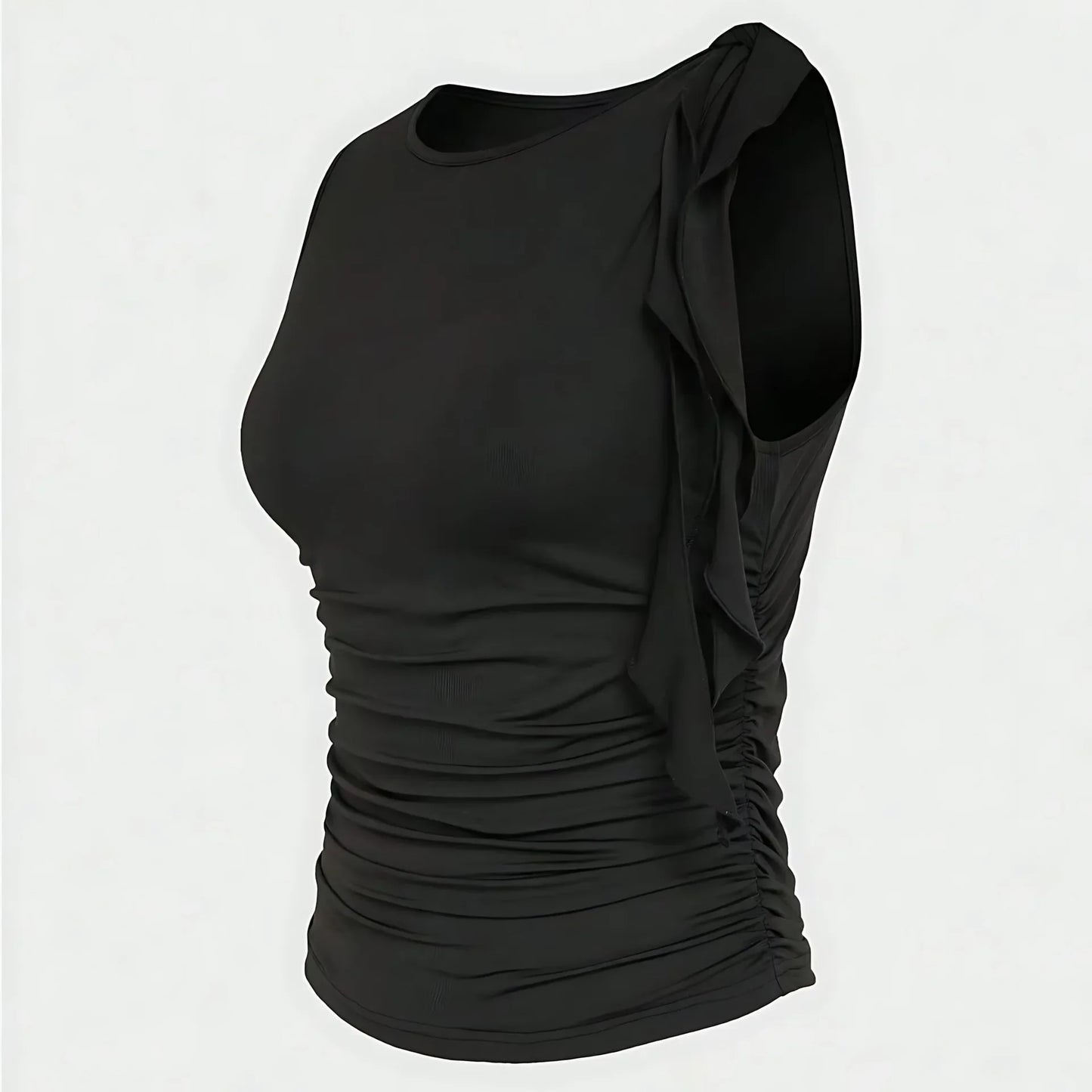 Slim Fit Basic Style Sleeveless round Neck Wrap Single Shoulder Vest Summer Waist Pleated Design Sexy Collarless Tank Top.