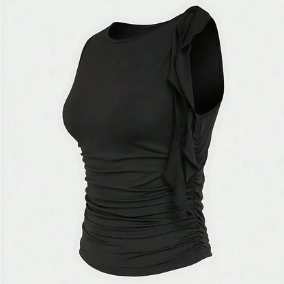 Slim Fit Basic Style Sleeveless round Neck Wrap Single Shoulder Vest Summer Waist Pleated Design Sexy Collarless Tank Top.