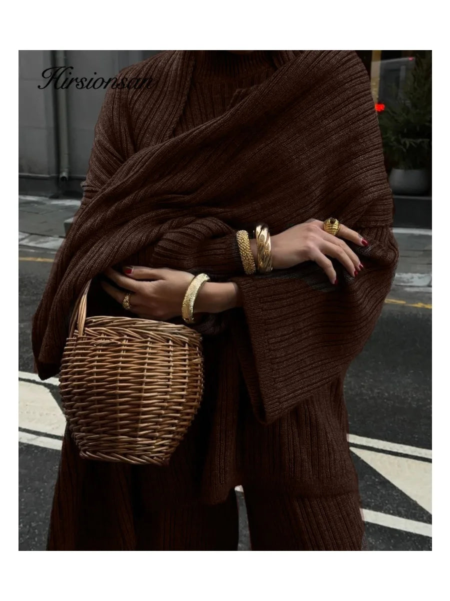 Hirsionsan Soft Elegant Vintage Women Suits 3 Pieces Female Sets O Neck Sweater & Wild Leg Pants with Scarf Knitted TrackSuit.