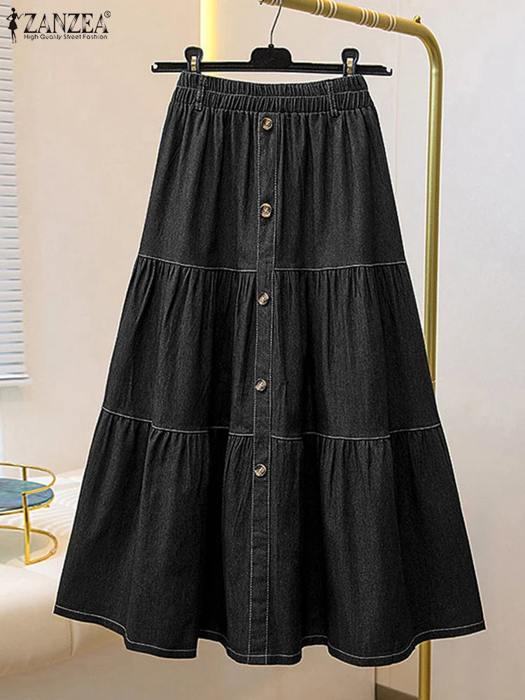 Autumn Elastic Waist Solid Skirts ZANZEA Fashion Women Denim Blue Skirt Elegant A-line Work Overskirts Casual Loose Holiday Jupe.