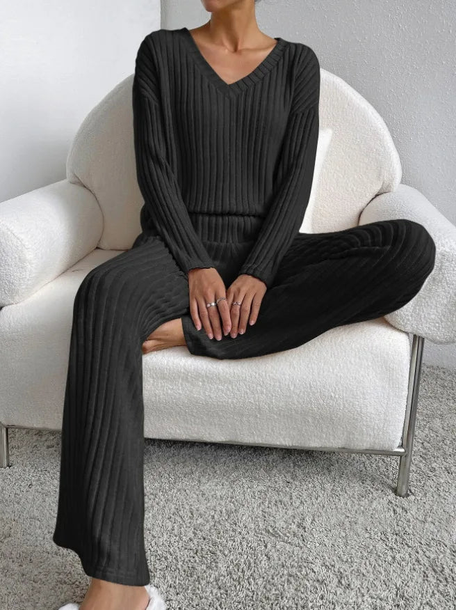 Autumn Winter Ribbed Knit Two Piece Set Womens V Neck Long Sleeve Top Wide Leg Pants Loungewear Casual Solid Color Outfit.