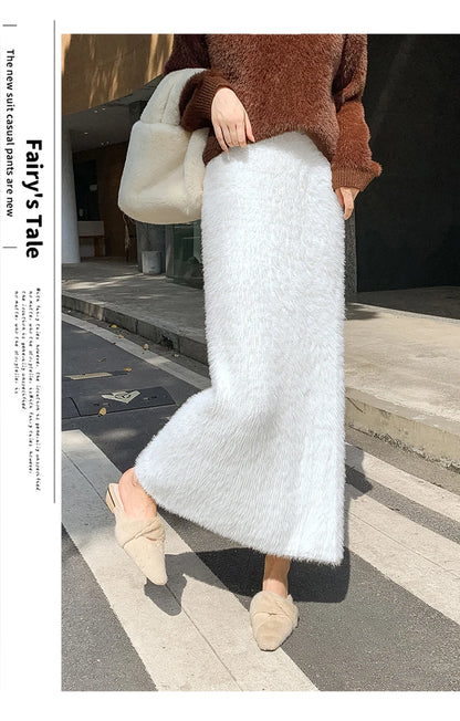 Autumn Winter New Knit Long Skirt Women Casual Thick Korean High Waist Soft A-Line Skirt.