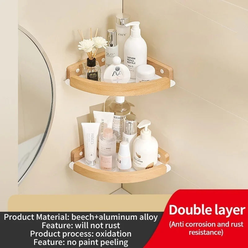 Badezimmer-Aufbewahrungsregal aus Holz und Aluminium, Aufbewahrungsregal für Badezimmer, perforationsfrei, Wandbehang, Waschtisch, WC, dreieckiges Eckregal