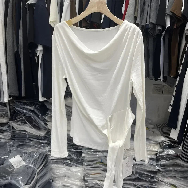 Women's Long Sleeve Striped T-Shirt Shoulder Baring Side Tie Base Shirt Versatile Autumn Fashion Design Cotton Top.